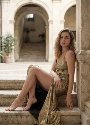 Ana de Armas Gold Gown Courtyard Portrait Prompt
