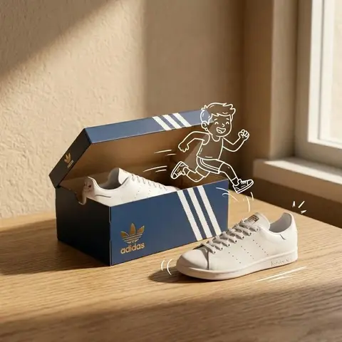 Adidas sneakers in the box, minimalist product photography, clean