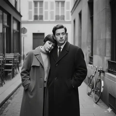 A French New Wave–style minimalist lovers scene, black and