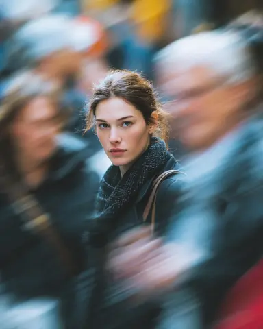 Ultra-realistic cinematic street portrait of a young woman standing