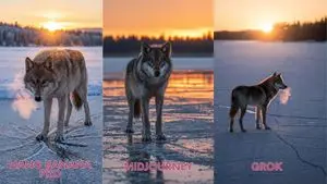Lone Grey Wolf on Frozen Lake at Dawn