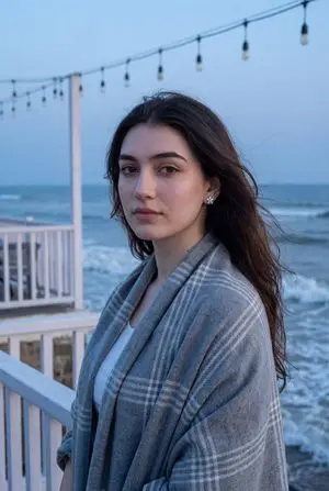 Photorealistic Portrait of a Woman on a Seaside Terrace at Blue Hour
