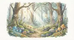 Watercolor Illustration of Enchanted Forest Clearing at Dawn