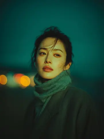 A cinematic night-time portrait of a young woman standing