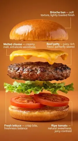 Exploded-View Burger Composition with Annotations