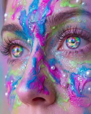 Surreal Portrait with Rainbow Irises and Melted Paint