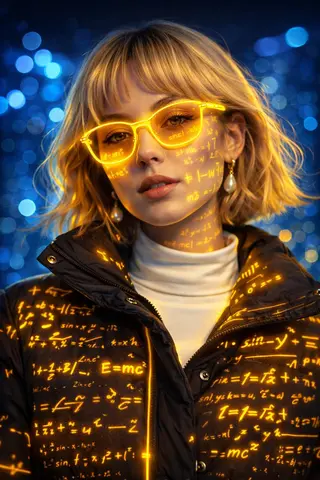 A futuristic cyber-aesthetic portrait of a young woman wearing