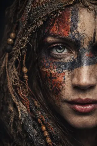 A dramatic ultra-realistic portrait of a woman shown in