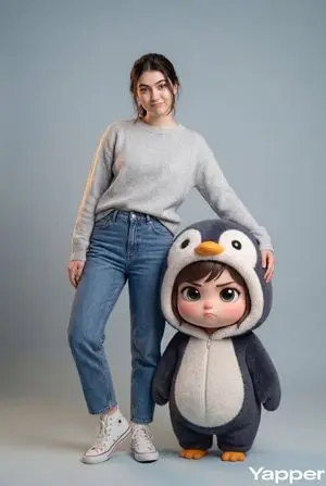 Hyper-Realistic Portrait with Chibi Penguin Character