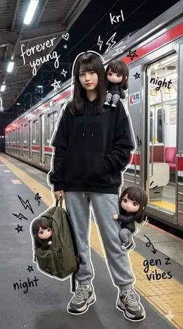 Mixed Media Portrait of Gen Z Teenager with Chibi Companions