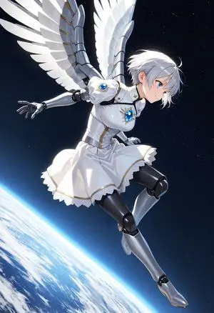 Angelic Android Girl Above Earth