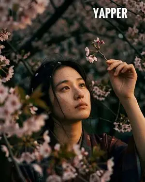 Japanese woman in vintage kimono under cherry blossoms