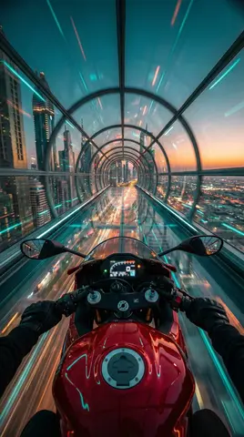 "Red futuristic sport motorcycle (POV perspective)"