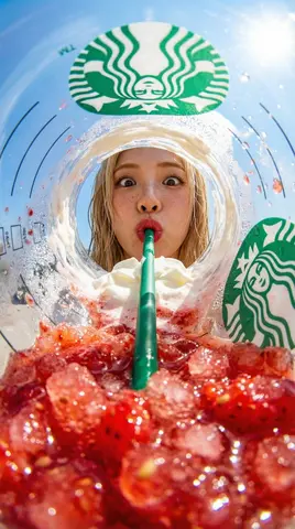 "View from inside a Starbucks strawberry frappuccino cup looking