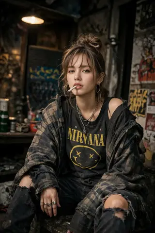 A high-detail photograph of a defiant woman posing nonchalantly