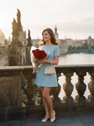 Editorial Photograph of Woman with Roses in Prague (JSON)