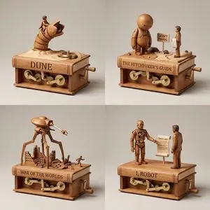 Sci-Fi Book Automaton Macro Product Photography Prompt