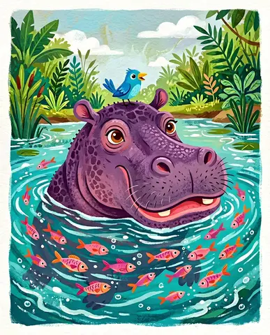 Whimsical Purple Hippo Illustration