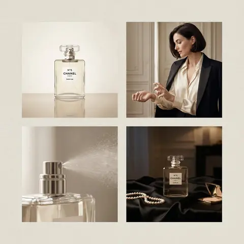 2×2 grid luxury perfume advertisement for Chanel perfume, four