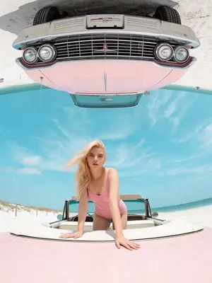 Ultra Photorealistic Image Prompt: Anya Taylor-Joy Lookalike in Retro Pink Swimsuit on a Vintage Car