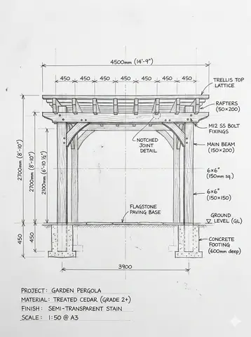 Pergola Blueprint Prompt: Hand-drawn architectural pencil sketch of a