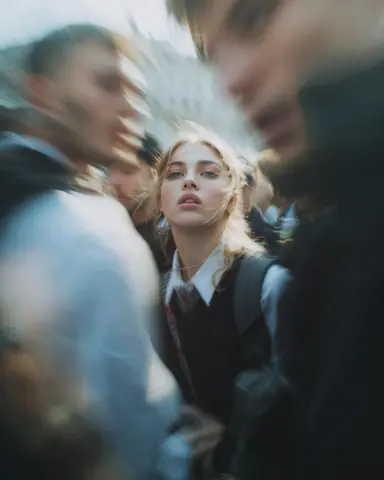 Paparazzi-style extreme close-up photo of a woman with striking