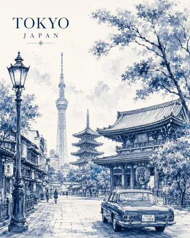 单色水彩城市旅行海报