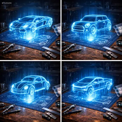 hyper-realistic 3D holographic blueprint projection of a [CAR NAME]