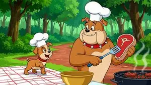 Anthropomorphic Bulldog Barbecue Scene (Classic Cartoon Style)