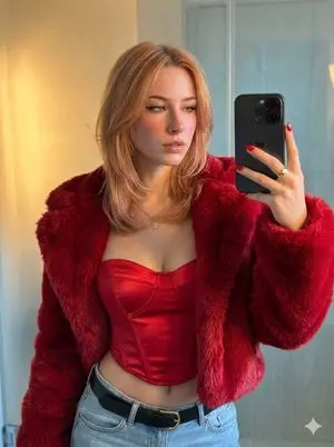 Crimson Fur Jacket Mirror Selfie Prompt