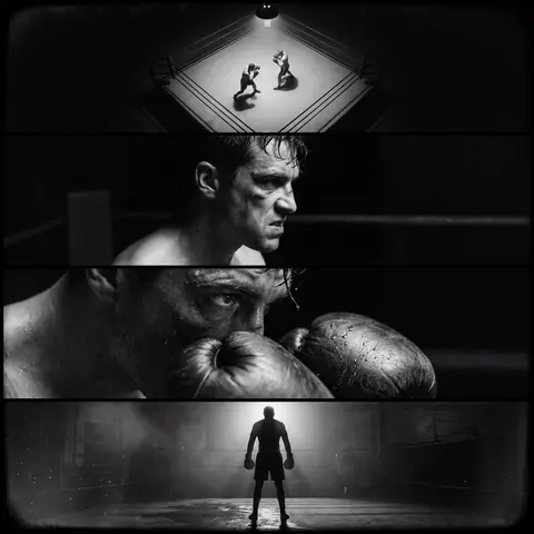 single film noir–style cinematic image divided into four horizontal