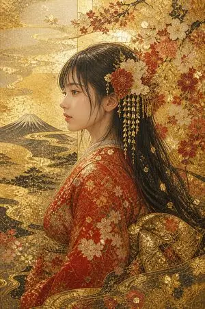 Kirikane Gold Kimono Portrait