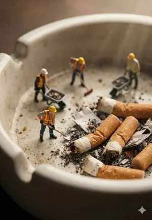 Macro Photography of Miniature Workers Cleaning Ashtray