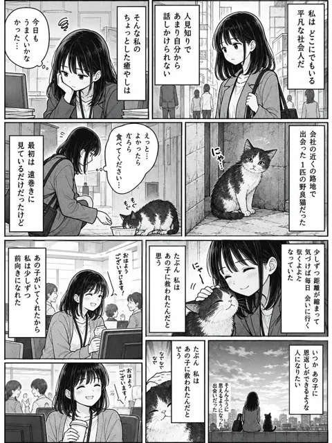Comic / Storyboard - Monochrome Manga Woman and Stray Cat