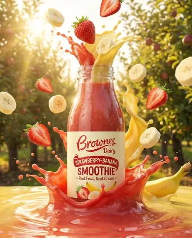 Ultra-realistic product ad of a premium fruit drink bottle
