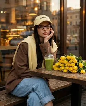 Stylish Street Cafe Portrait with Layered Outfit