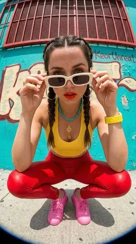 Photorealistic streetwear portrait of Emma Myers with fisheye distortion
