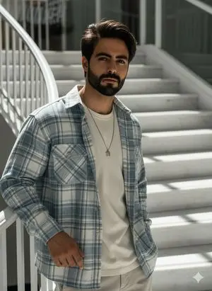 High-angle fashion portrait on marble staircase