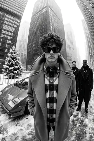 A black-and-white, high-contrast, ultra-glamorous street fashion editorial photograph taken