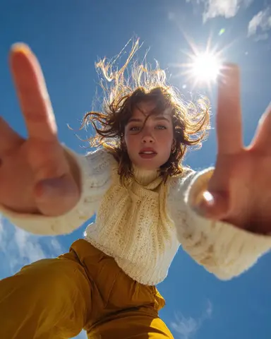 Ultra wide-angle low-angle portrait shot from ground perspective, young