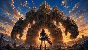 Schoolgirl Facing Cathedral Golem