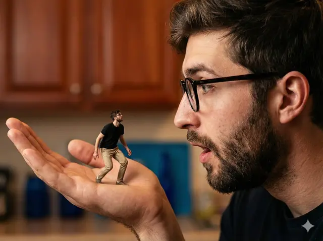 A hyper-realistic, surreal composite shot utilizing forced perspective to