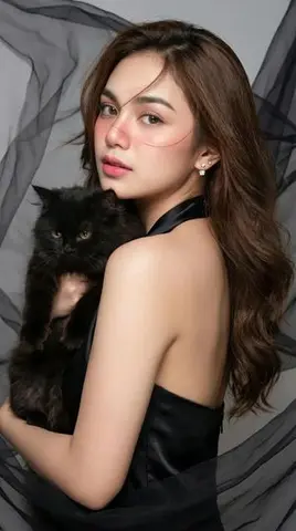 High-Fashion Portrait of an Asian Woman with a Black Cat