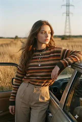 Soft Sunset Light Natural, Candid Portrait Casually Leaning Against a Vintage Car,