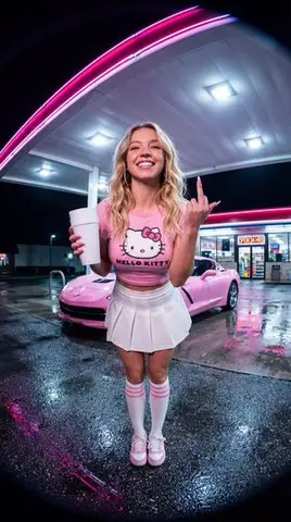 Sydney Sweeney Neon Gas Station Portrait