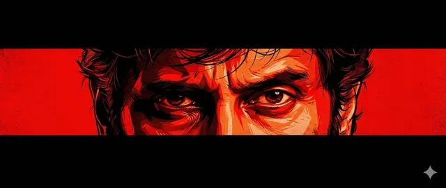 A cinematic poster-style artwork featuring an intense close-up of