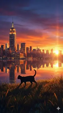 Fantasy Sunset Landscape with Black Cat Silhouette and City Reflection