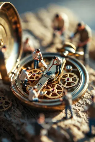 Ultra-realistic macro scene depicting tiny restoration workers collaboratively repairing