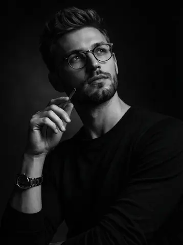 A dramatic black and white studio portrait of a