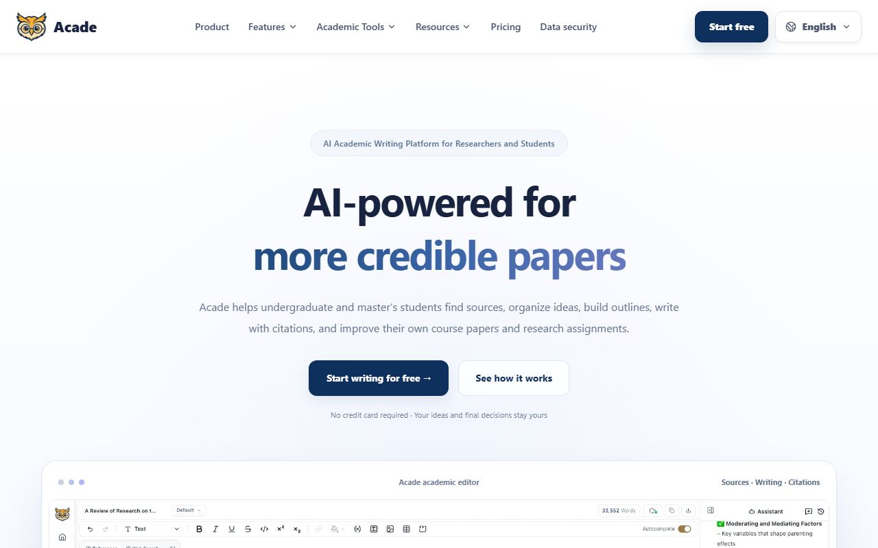 Screenshot of Acade.ai official website